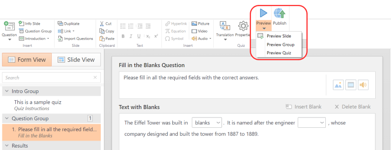 Preview button in iSpring QuizMaker