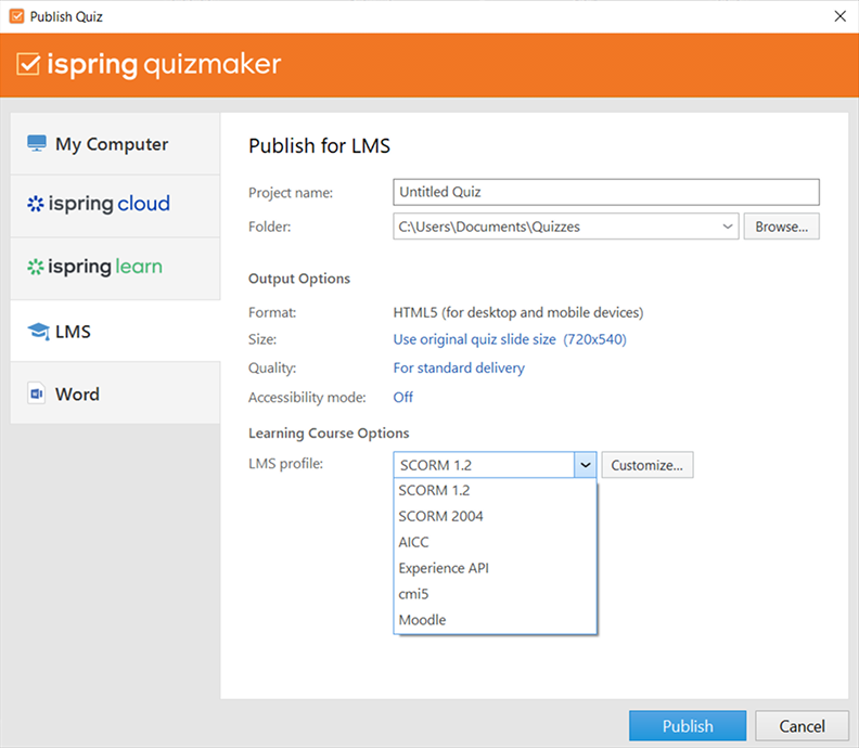 Publishing a matching quiz in iSpring QuizMaker