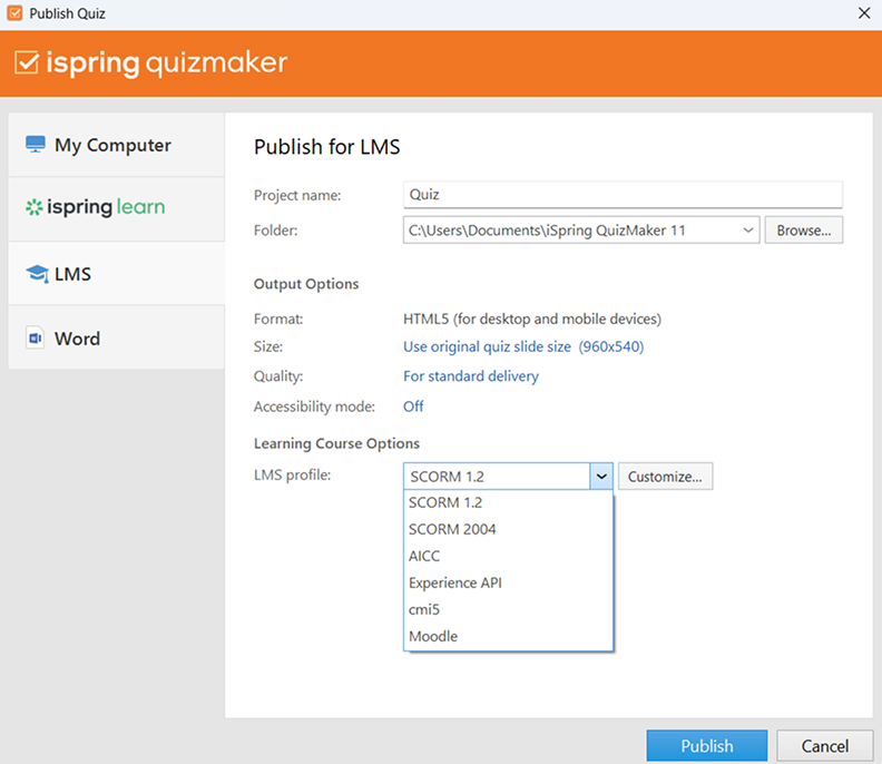 Publishing a quiz with iSpring QuizMaker