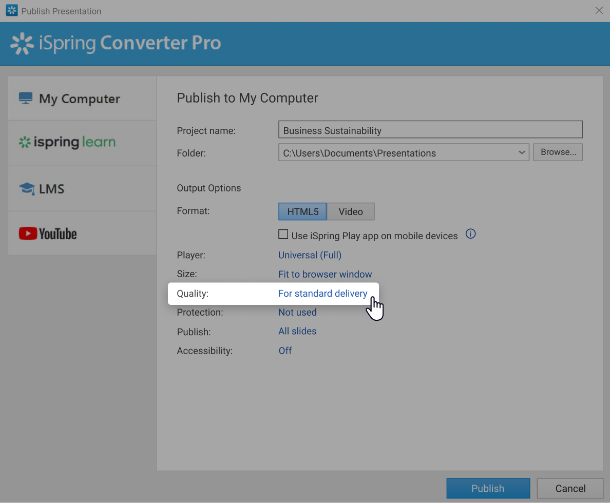 The Quality settings in iSpring Converter Pro