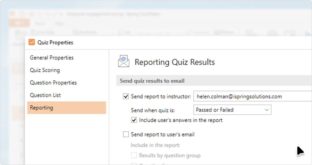 Reporting quiz results in iSpring Suite