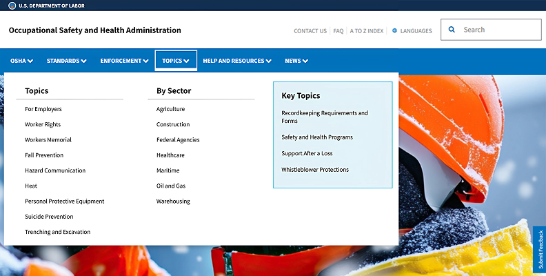 The “Topics” drop-down menu on the OSHA official website