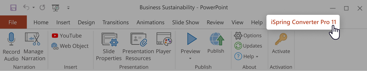 The iSpring Converter Pro tab in PowerPoint