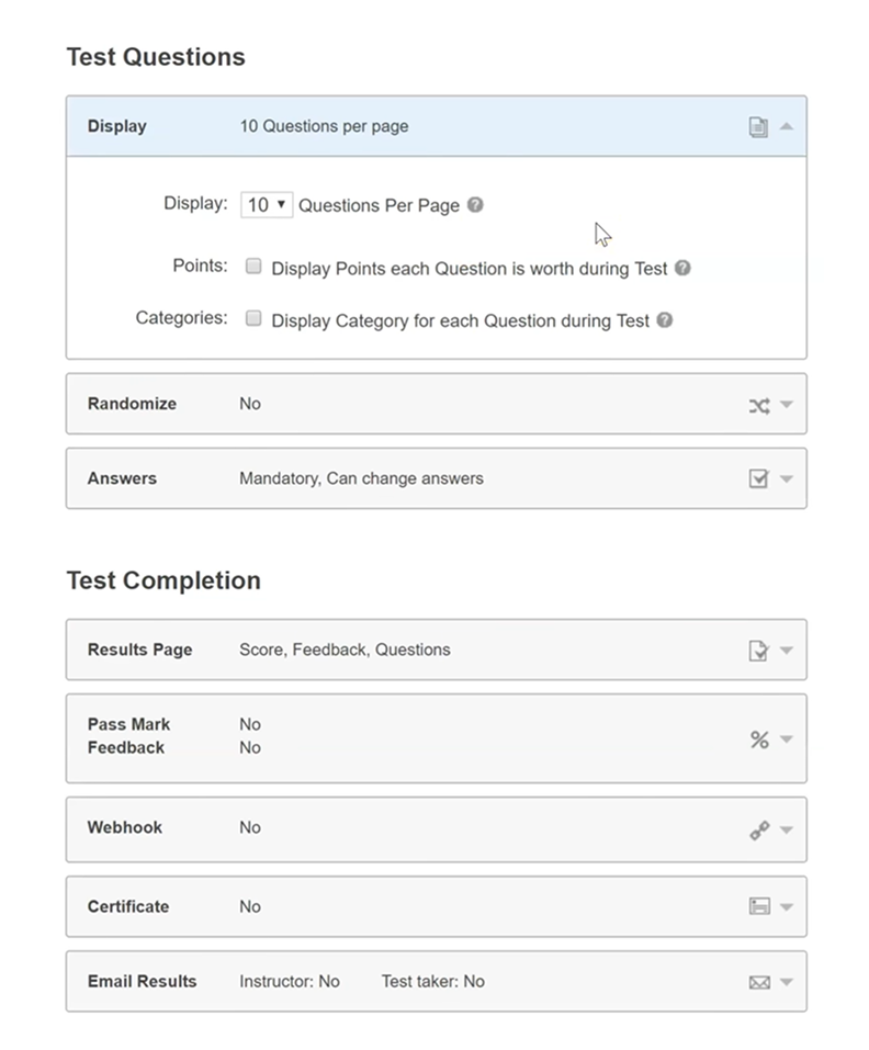 The ClassMarker test overview page