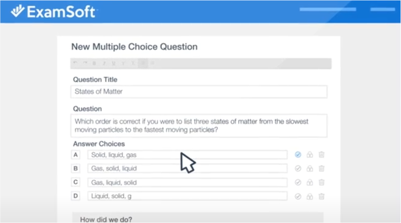 The Examsoft interface featuring a multiple-choice question page