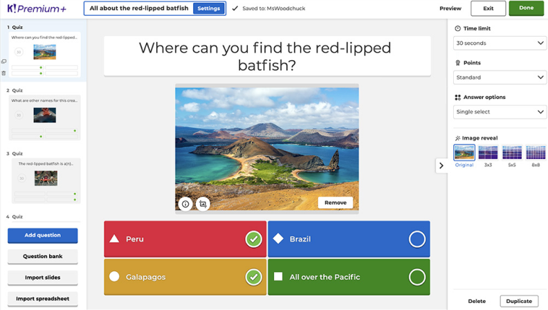 A Kahoot! quiz question featuring four multiple-choice options in different colors and a countdown timer