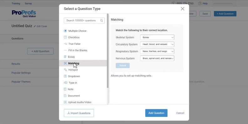 The ProProfs Quiz Maker interface displays multiple question types