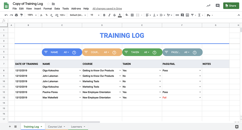 Training tracking template in Google Spreadsheets