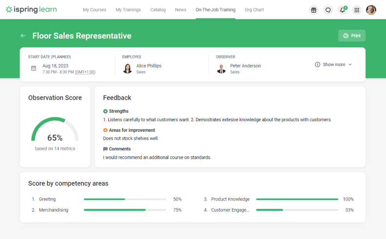 On-the-job performance evaluation in iSpring Learn