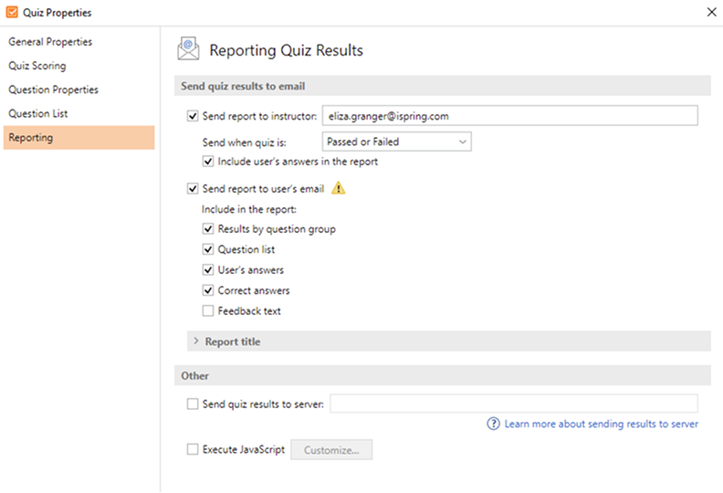 Set iSpring QuizMaker to send quiz results via email