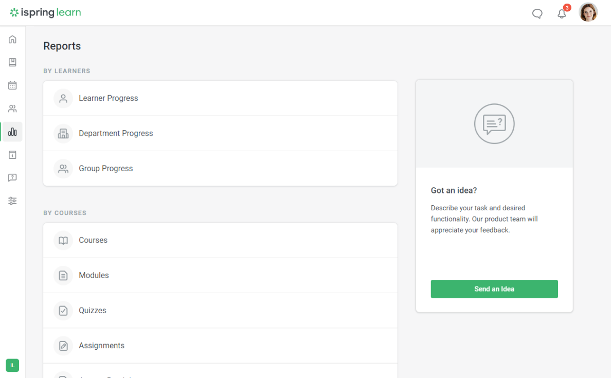 Training tracking report options in iSpring LMS