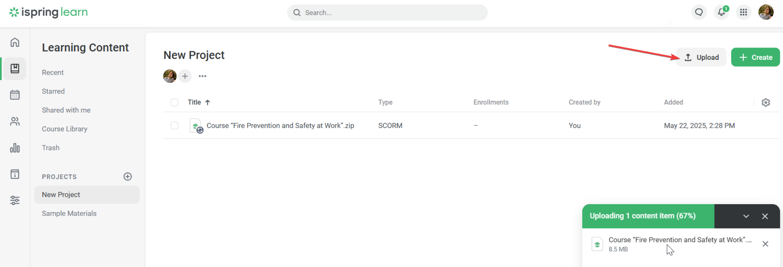 Click on Upload Click on Upload to add a SCORM package