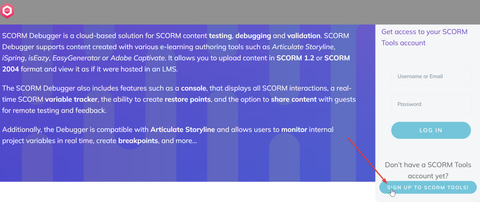 Create a free account and open SCORM Tools Create a free account and open SCORM Tools