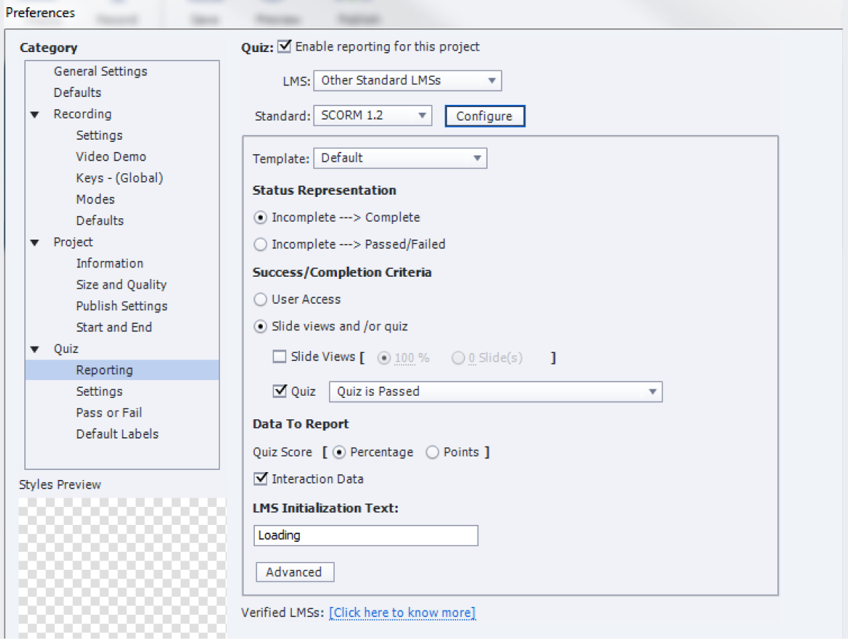 Publish Settings menu