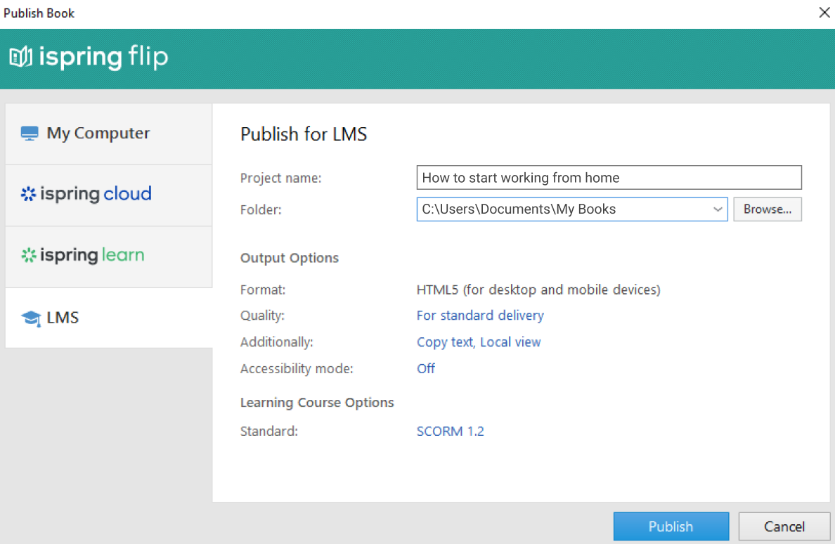 Publishing option in iSpring Suite