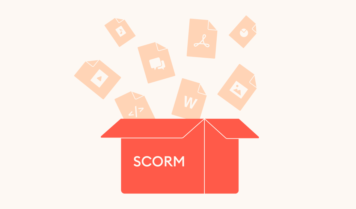 A SCORM package contains a variety of learning content, such as text, videos, images, and more An illustration showing a SCORM package as a box containing a variety of content elements