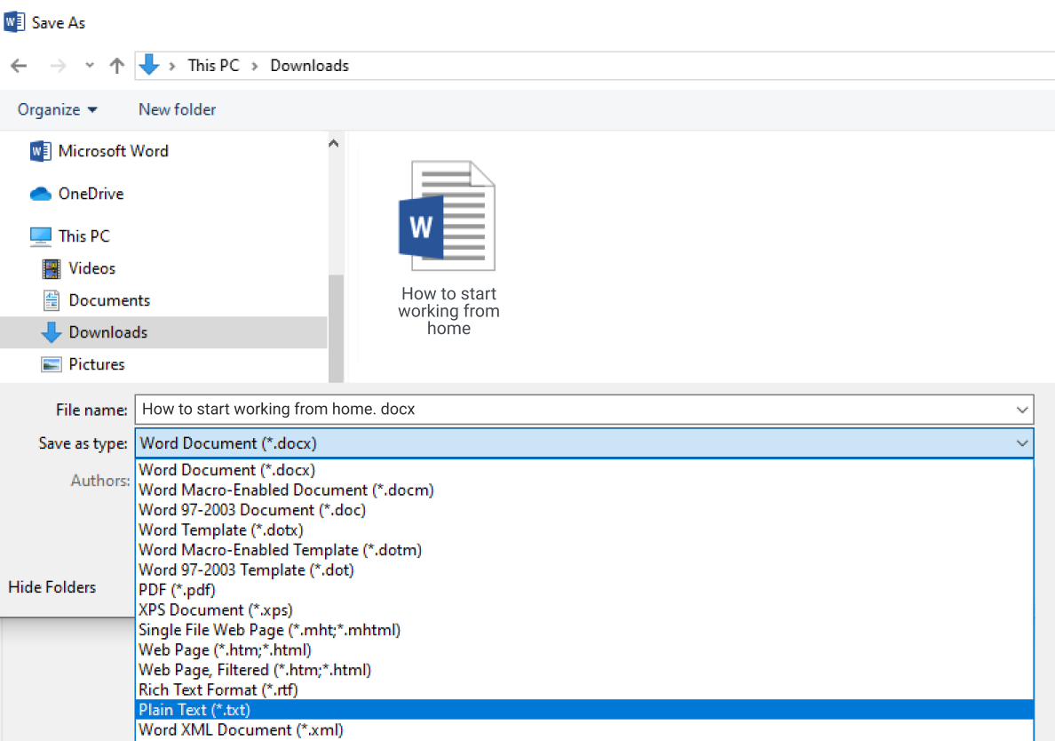 Saving Word document as plain text