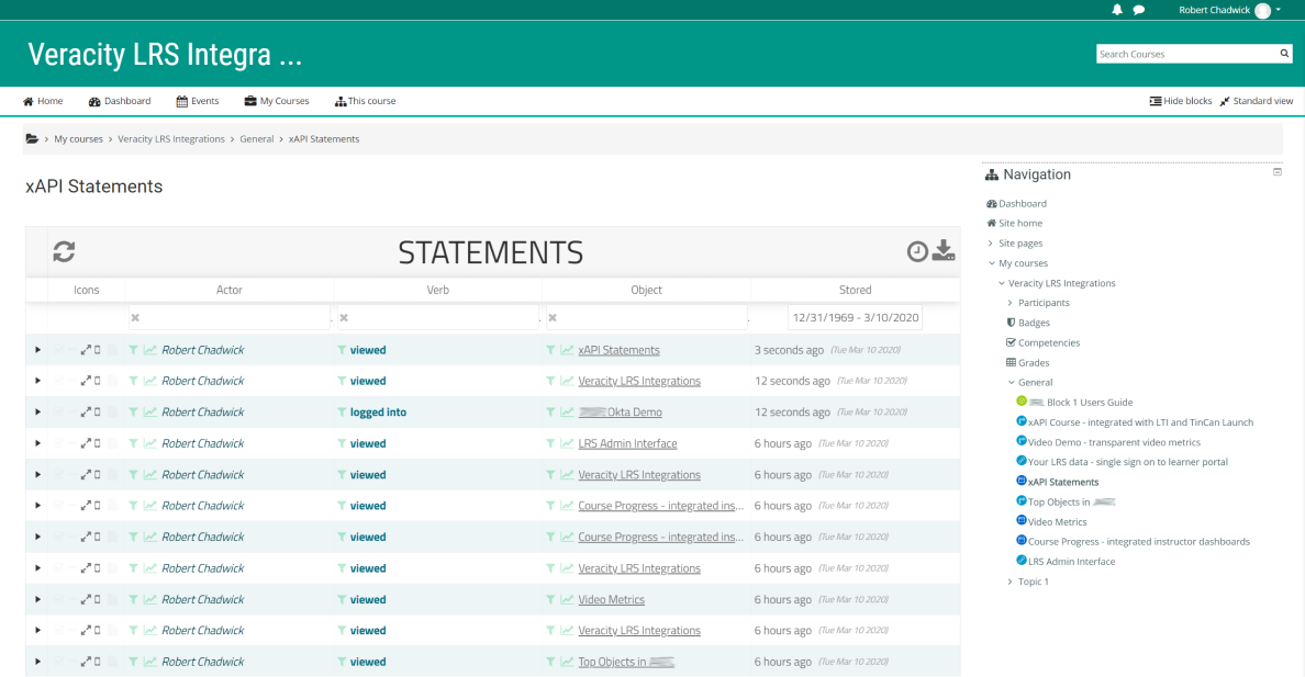 xAPI statements in Veracity LRS xAPI statements as displayed in Veracity LRS