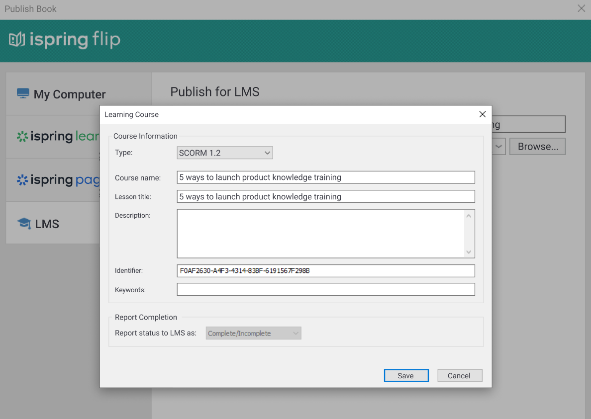 Publishing options of a PDF file