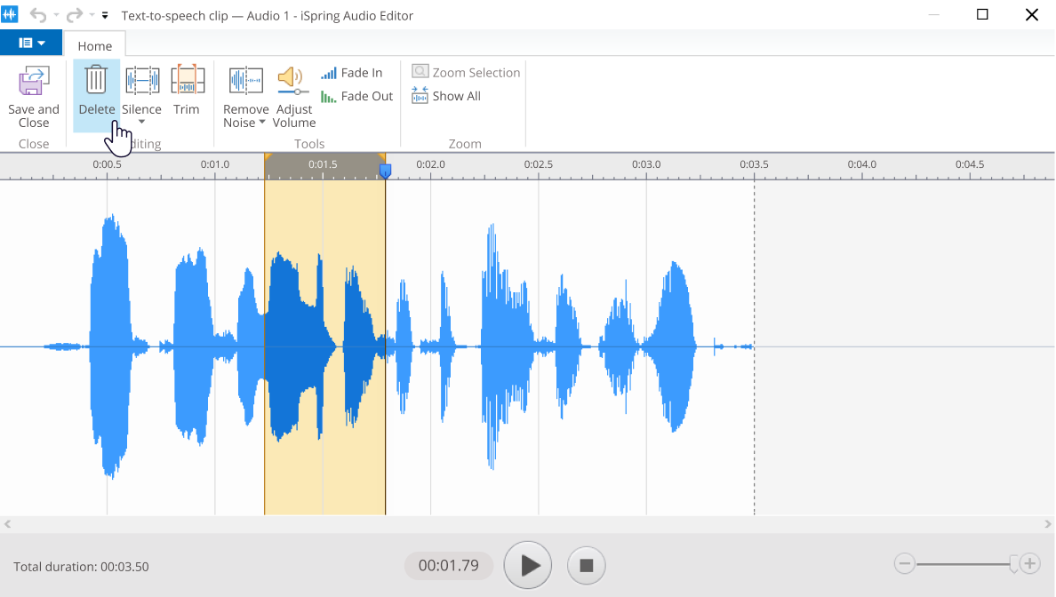 Delete fragments when editing a voice-over in PowerPoint with iSpring Suite