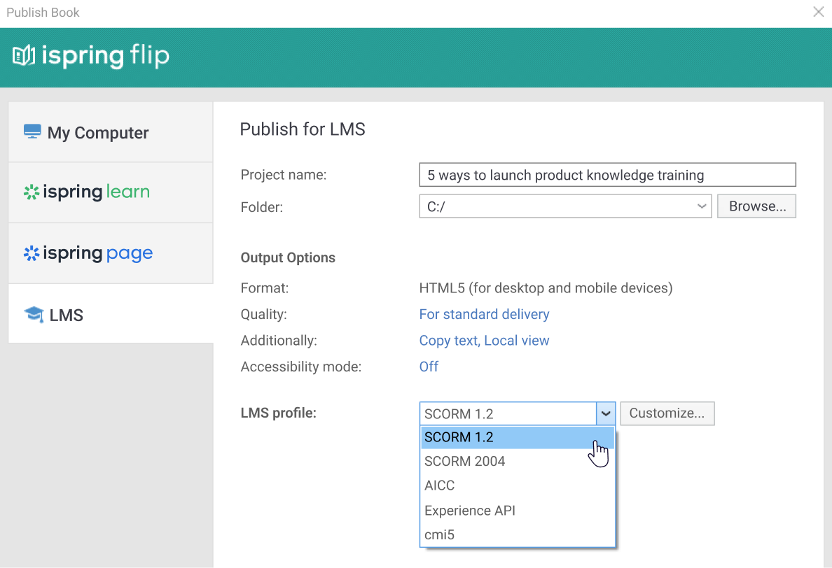 Selecting your LMS format in iSpring Suite
