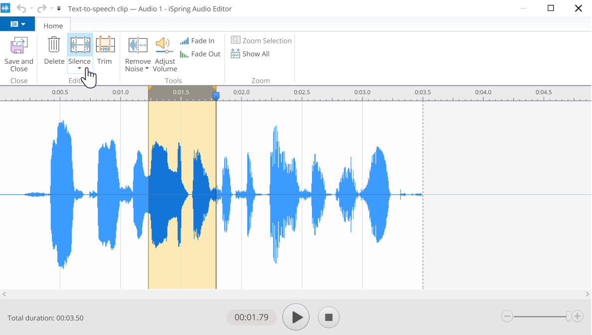 Add silence when editing a voice-over in PowerPoint with iSpring Suite