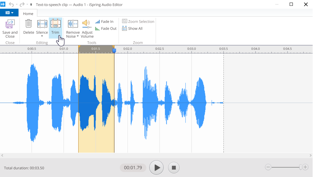 Trim clips when editing a voice-over in PowerPoint with iSpring Suite
