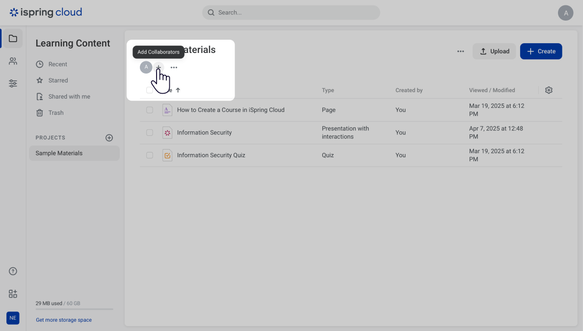 Adding collaborators to share a PowerPoint presentation with iSpring Cloud