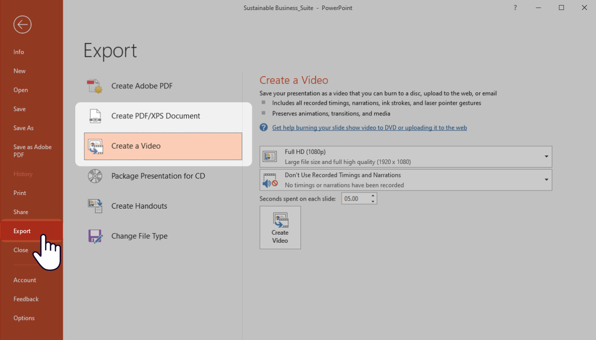 Conversion of a PowerPoint presentation to video