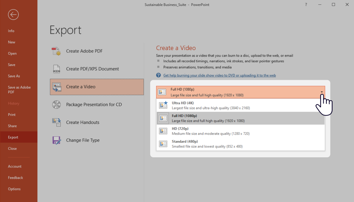 Resolution options when sharing PowerPoint as a video