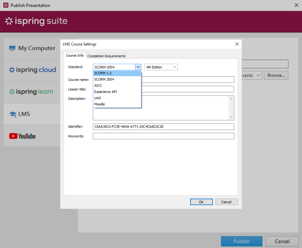 SCORM formats in the iSpring Suite publishing options