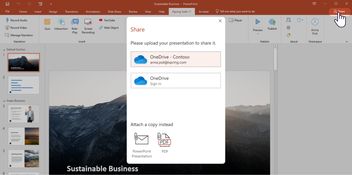 Built-in Share feature in PowerPoint