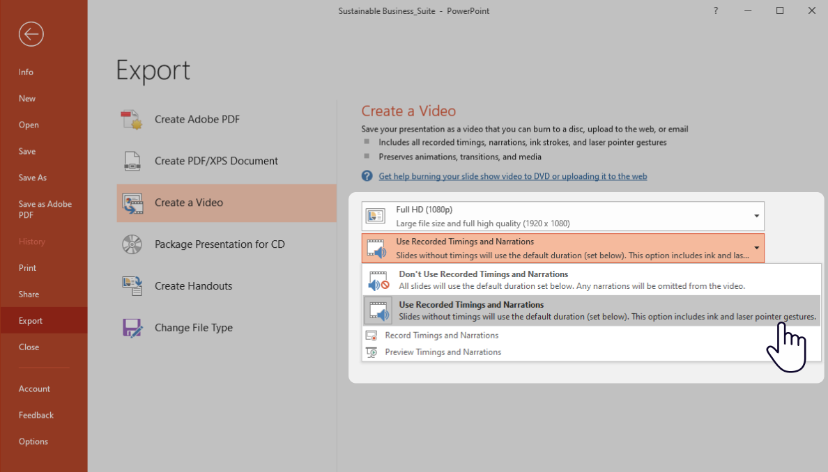 The Use Recorded Timings and Narrations option in PowerPoint