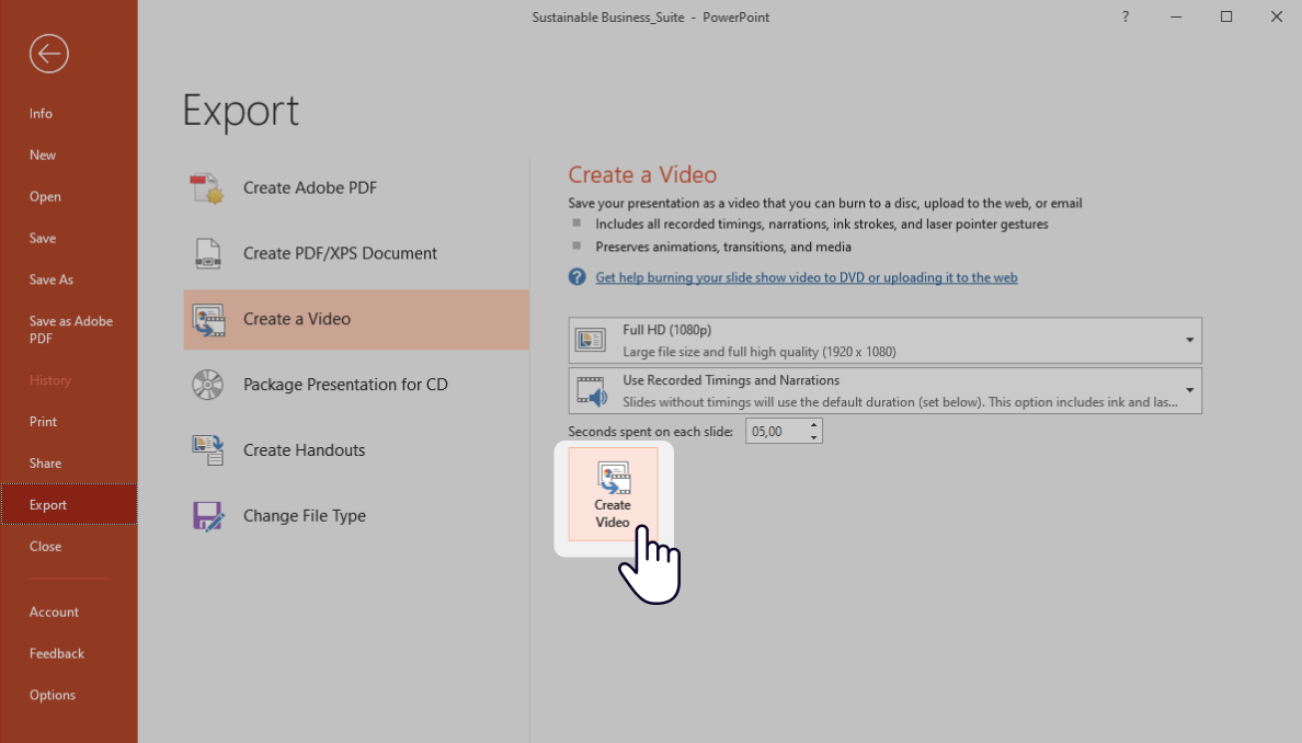 The Create Video option in PowerPoint