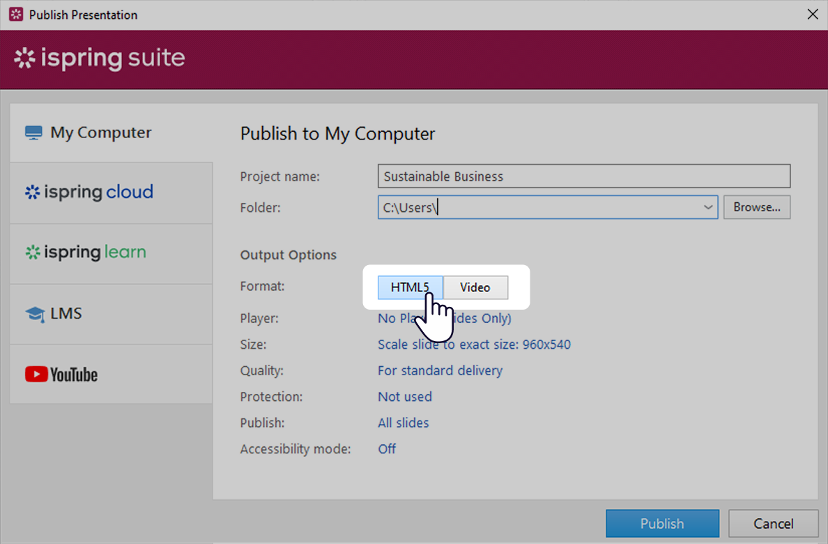 Output Options of iSpring Suite