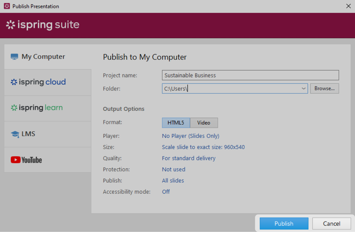 The publish button in the My Computer section