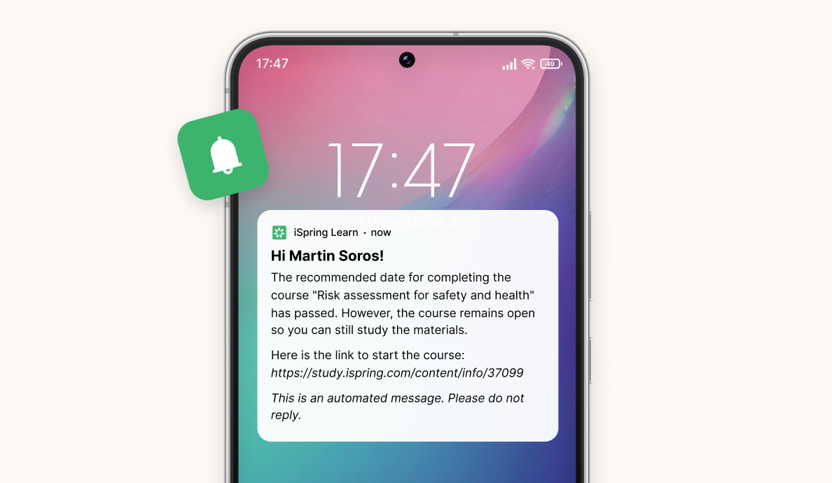 Safety training reminder in iSpring LMS