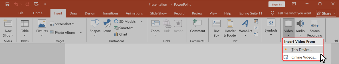 Adding a video Inserting a video