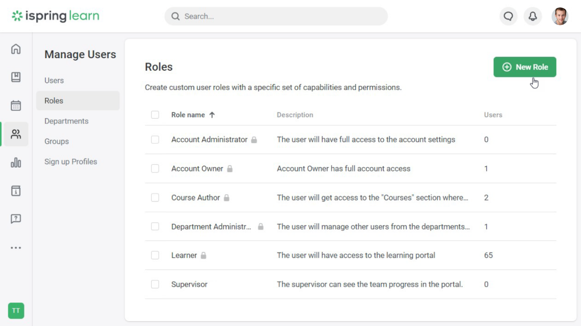 Defining user roles in iSpring LMS