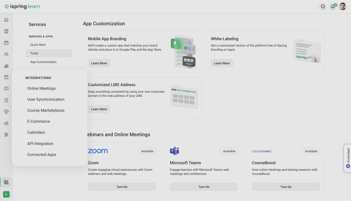 iSpring LMS integrations with third-party tools