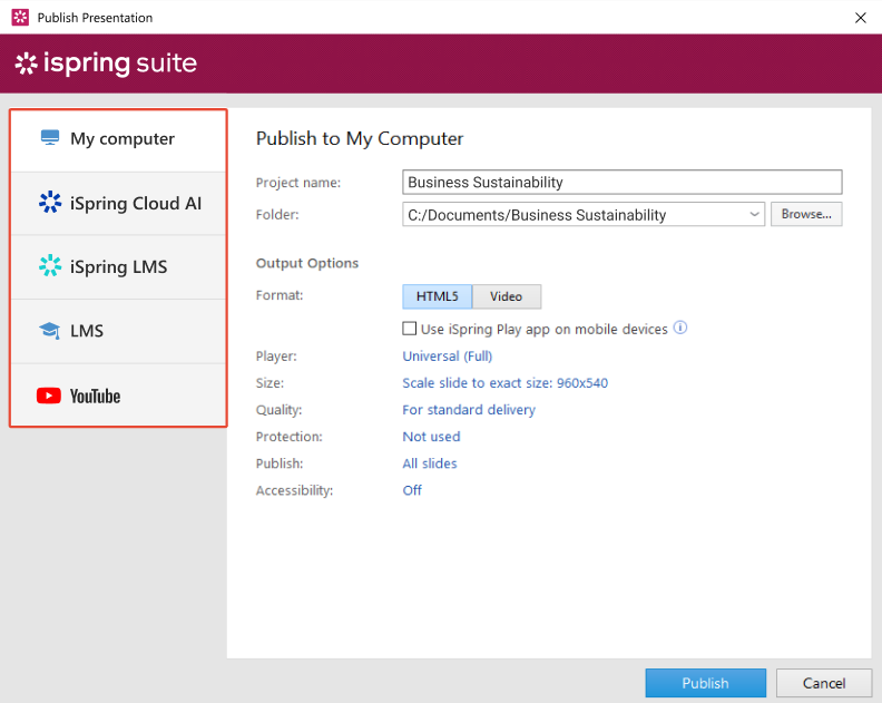 iSpring Suite publishing options