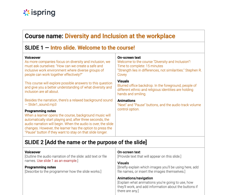 Example of a storyboard in Word