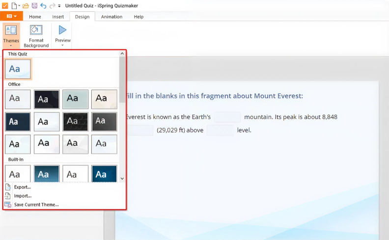 Configuring quiz design in iSpring QuizMaker