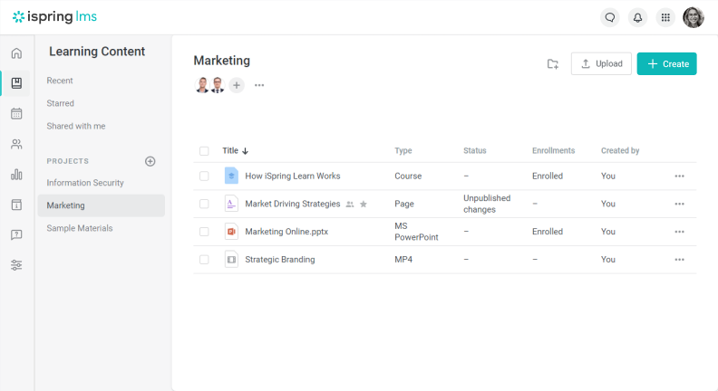 Content management features in iSpring LMS