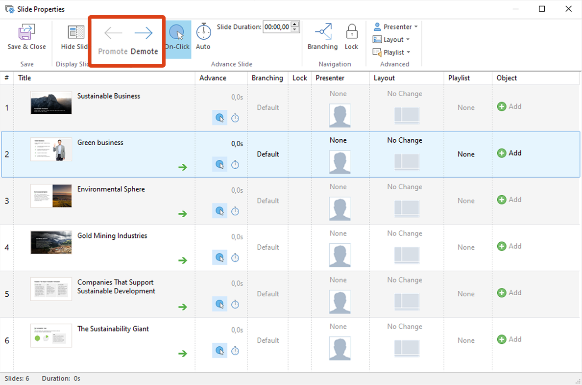 Promote and Demote buttons Promote and Demote buttons in iSpring Suite