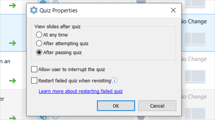 Quiz Properties window,